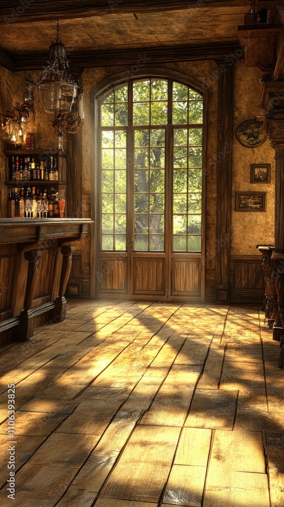 Poster Sunlight streams through a large window in a rustic bar, illuminating the wooden floor and casting long shadows.