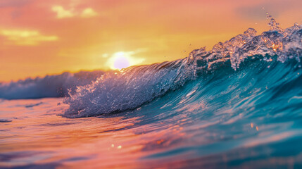 Fototapeta premium Vibrant ocean wave at sunset with golden sky and crashing water