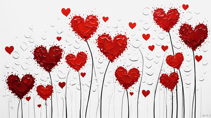 Fototapeta premium painted valentine background with red hearts growing up on white background, banner, 300dpi
