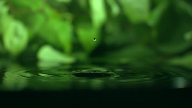 Macro shot of organic serum drop is falling. Crystal clear water splash. Concept of wellness beauty products. Green tea or aloe vera extract. Natural herb skin care. Essence dropping in slow motion