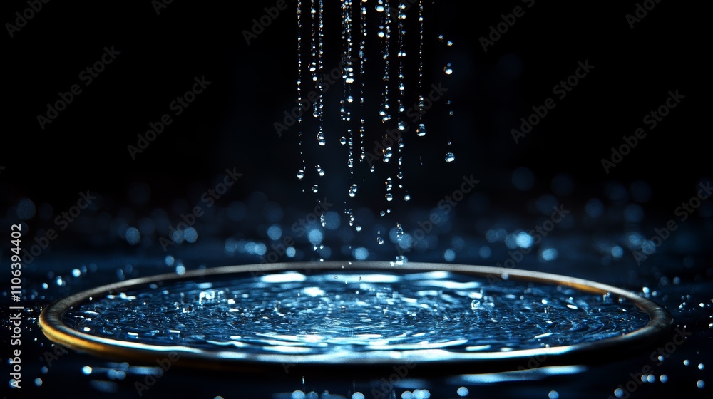 Poster water droplets falling into a circular puddle, creating ripples and a splash effect.