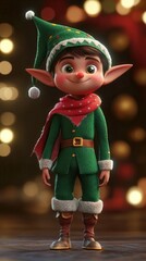 Cheerful Santa's elf smiling brightly, with colorful Christmas lights glowing in the background..