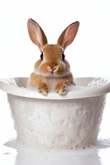 Brown bunny bathes in bubbly basin.