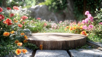 Wooden round log with flowers on a stone path.