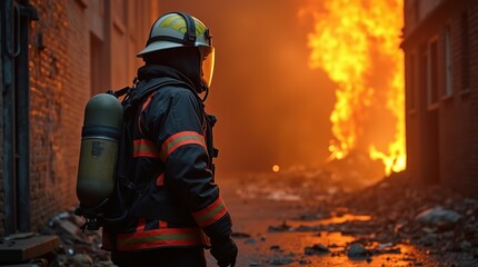 Obraz premium Brave Firefighter Battling Flames Inside a Burning Building