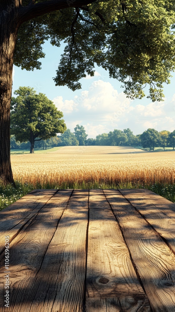 Poster wooden table in a field with a tree and a wheat field in the background.