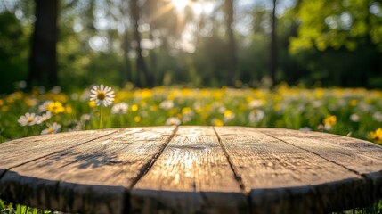 Fototapeta premium Wooden table top with blurry background of daisy field and sunshine.
