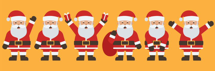 Set of cute Santa Claus flat illustration isolated on orange background. Santa illustration pack with happy and cute expression