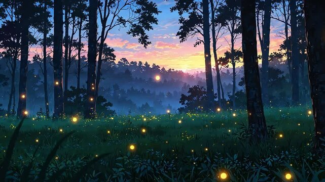Lofi Animation of Fireflies in a Serene Forest Clearing at Twilight