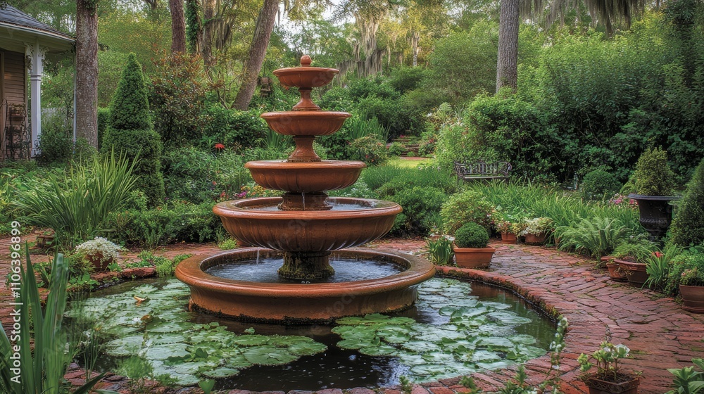 Poster a beautiful fountain with water cascading down four levels into a pool surrounded by lily pads in a 