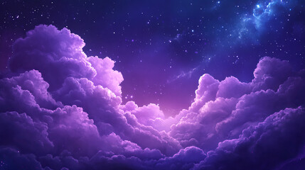 Starry night sky with luminous purple clouds and twinkling stars