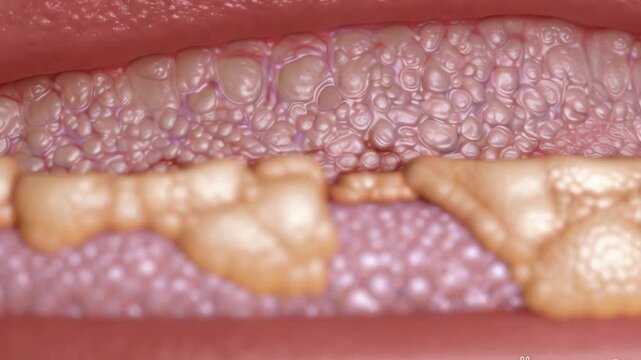 A 3D animation of skin tissues undergoing an anti-aging treatment, with fibroblast activation triggering collagen fiber regeneration in the extracellular matrix. 