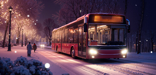 A red bus driving down a snowy street at night