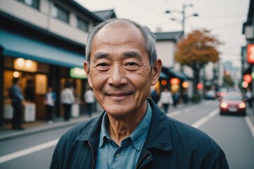 Obraz premium Close portrait of a smiling senior Japanese man looking at the camera, Japanese city outdoors blurred background