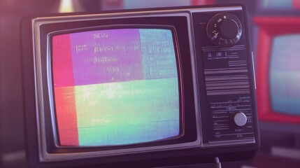 Vintage television set displaying a colorful test pattern. A nostalgic view of retro technology.