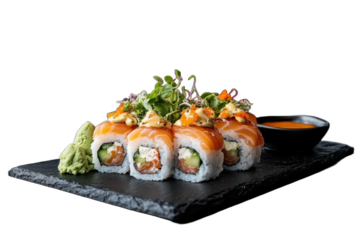 Fresh sushi rolls topped with slices of salmon and garnished with herbs served on a black slate plate, perfect for a gourmet experience