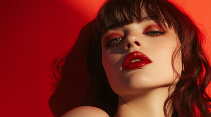 Fototapeta premium Model poses with bold makeup against a striking red background showcasing beauty and confidence