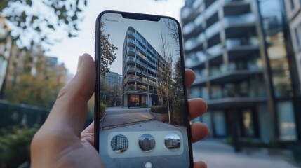Naklejka premium A person holds a smartphone displaying a 3D model of a building, showcasing real estate possibilities in a city.