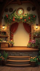 Obraz premium A charming stone porch with red curtains and a stained glass window.