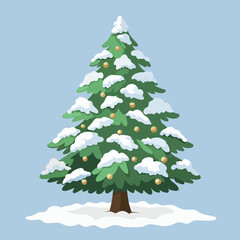Christmas tree with snow flakes on branches, round ornaments decorations on blue background. Vector illustration.