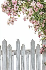 Fototapeta premium Pink blossoms frame weathered white fence.