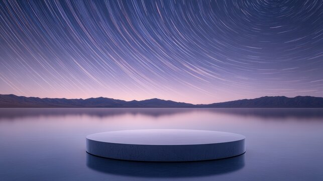 A circular platform floating on a still lake with a star-trail sky and a mountain range in the distance.