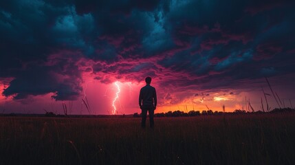 Fototapeta premium Silhouette of a Man Witnessing a Dramatic Sunset and Lightning Storm