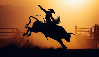 A rodeo cowboy riding a bucking bull, silhouette, action photography, aesthetics,