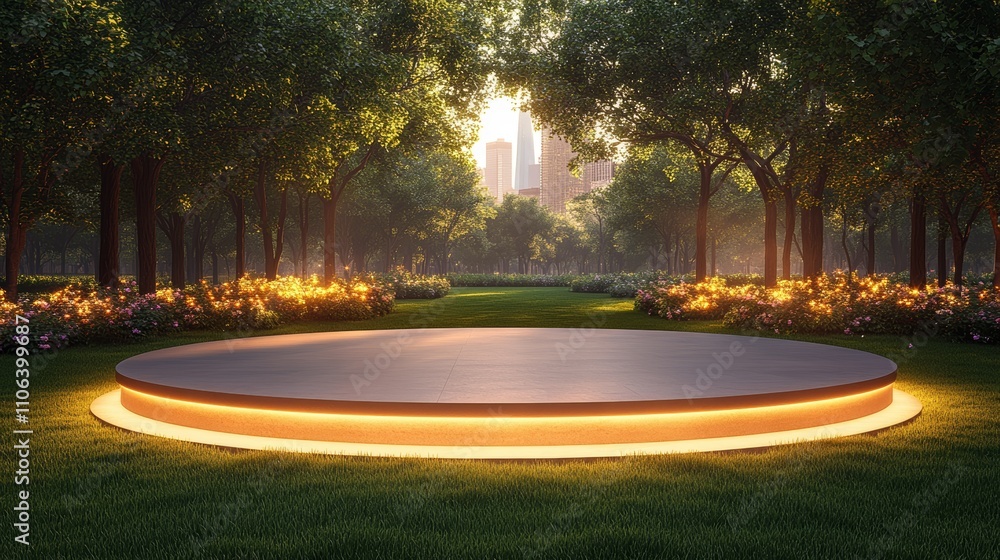 Poster a circular podium with glowing lights in a forest setting with a city skyline in the background.