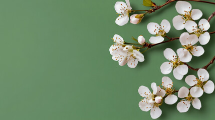 Delicate white cherry blossoms on green background