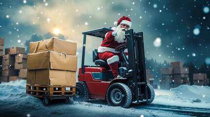 A man in a santa claus suit driving a forklift truck with boxes on it