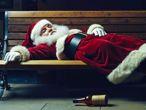 A man in a santa suit laying on a bench next to a bottle of wine