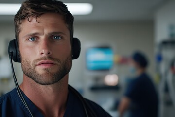 Fototapeta premium A focused healthcare worker wearing a headset showcases modern healthcare's integration of technology, emphasizing professionalism, communication, and commitment to service.
