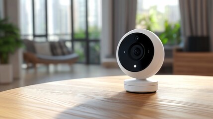 Smart home security camera on wooden table.