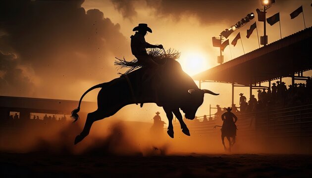 A rodeo cowboy riding a bucking bull, silhouette, action photography, aesthetics,