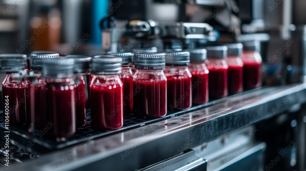 Leinwandbilder bottles of vibrant red juice await packaging on a conveyor belt in a high-tech production facility. 