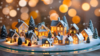 Obraz premium A cozy Christmas stock image featuring a snowy village of glowing ceramic houses, warm lights, miniature Christmas trees, and a soft winter twilight with festive bokeh effects in the background.