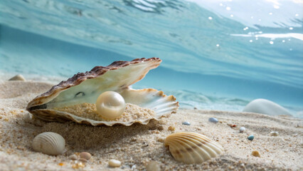 Pearl in oyster shell on sea sand with underwater ocean ripples