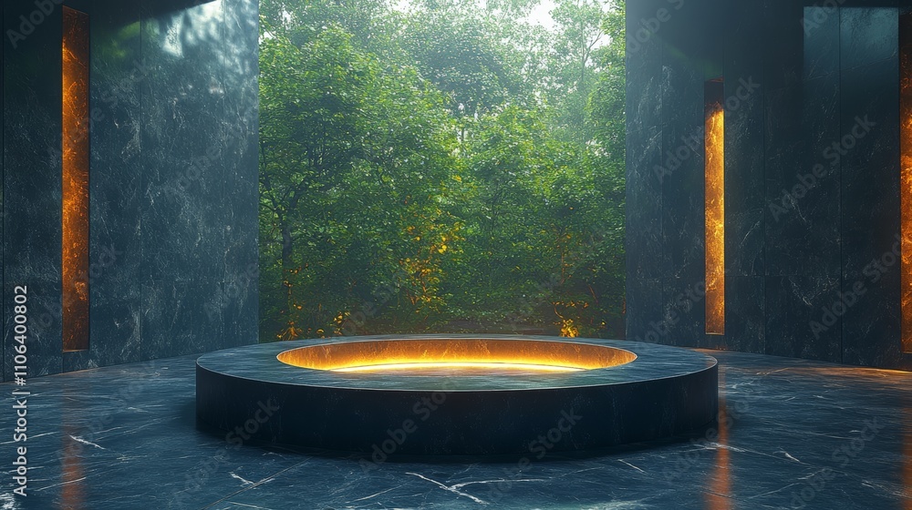 Poster a circular stone platform with glowing edges sits in a dark room with two glowing columns and a fore