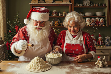 A man and woman in santa claus outfits preparing food together in a kitchen