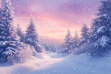 Fototapeta premium A magical winter landscape with snowy green fir trees, glowing auroras in the sky, soft pink and purple hues, serene atmosphere, close-up perspective 1