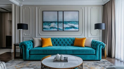 Fototapeta premium Turquoise sofa and big posters. Interior design of modern living room. .
