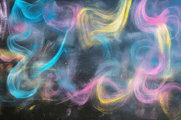 Colorful abstract pastel chalk texture, dynamic swirls of soft pinks, blues, and yellows on a blackboard