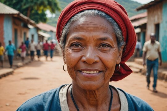 Close portrait of a smiling senior Malagasy woman looking at the camera, Malagasy city outdoors  blurred background