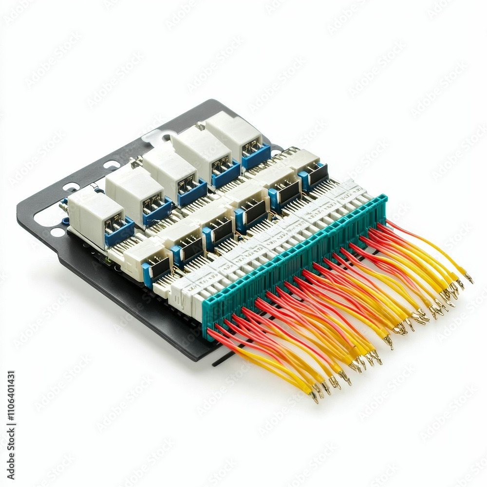 Poster electronic component with multiple connectors and wires.