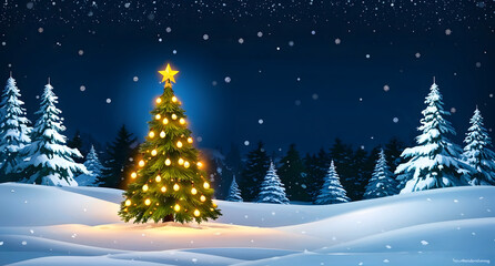 Obraz premium Christmas and winter holiday marketing background, with winter and christmas tree themes, christmas ornaments and presents, snowy vibes.