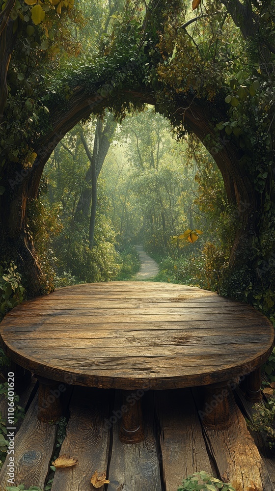 Poster a circular wooden platform sits before a natural, leafy archway that frames a path in a misty forest