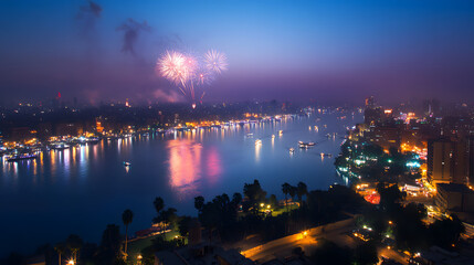 A vibrant New Years Eve in Cairo with fireworks above the Nile and cityscape views.