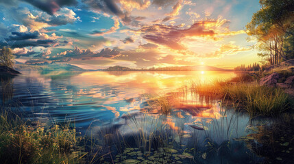 Obraz premium sunset over the lake