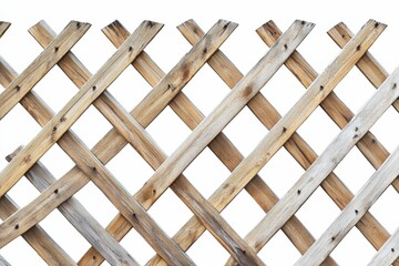 Wooden lattice fence, crisscrossed planks, rustic design.